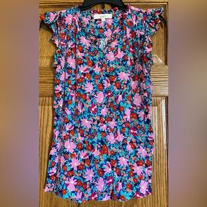 LOFT PINK FLORAL RUFFLE DETAIL BUTTON FRONT TANK TOP BLOUSE SIZE EXTRA SMALL